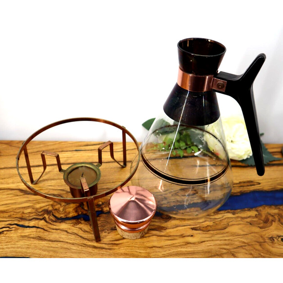 Vintage MCM Inland Glass & Copper Coffee Tea Carafe Pot Server With Heating Base - Picture 5 of 7